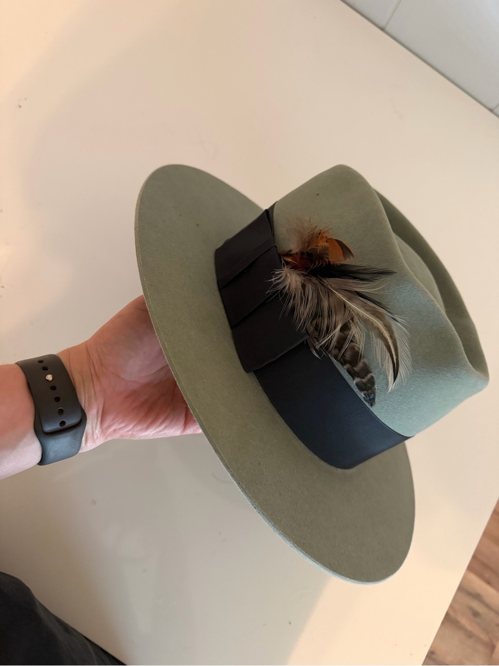 Green Wide-Brim custom felt hat with Feather Trim